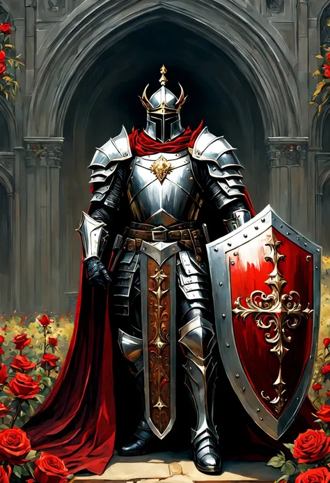 full length wide angle view Glorious Glorious Brigh Monarch King Knight wuth a (Shield:1.5) in a highly detailed Heavy black Knight armor guilded with gold,silver in a High holding a Gold and black and Crimson (Shield:1.5) ; gothic castle background; photo...