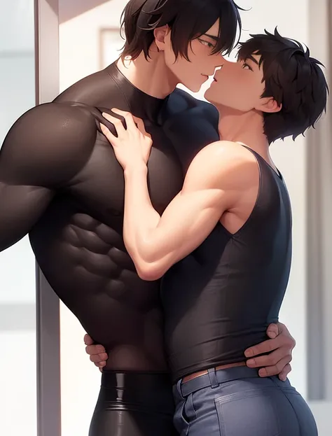 Dog、Thin macho、muscular、erotic、Tight black shirt、gay、upward glance、Height difference couple、A sexy 2m tall high school boy with adult charm, cute height 1.Hug a 5m high school boy、hug、2 people