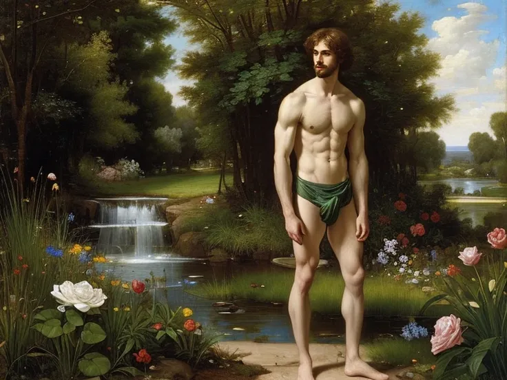 oil painting, oil on canvas, Raphaelite male in an overgrown garden, alone at last, standing ((A prince )), Shirtless man, bulge, chest, abs, slim waist, pale white skin, rose bush, pond, silk, by John William Waterhouse, oil on canvas, pre-Raphaelite move...