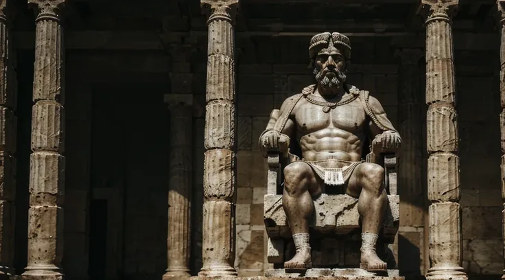 "A dark landscape image of an ancient greek society deeply connected to stoicism, black and white, ancient greek architecture, include one single big statue of a stereotypical strong greek man, marcus aurelius