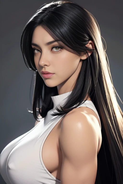 (((muscular girl))) huge breasts grey background black hair very long hair yellow eyes pale skin close up