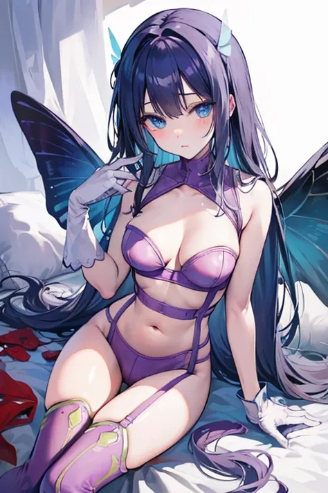 Black hair, blue eyes, sexy, large breasts, beautiful body, bed, Butterfly wings