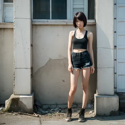 A Japanese woman, look at viewr, ((very Short hair)), ((skinny:1.3)), 27-years old, Post-apocalypse, Ruins, tank top, hot pants, full body,