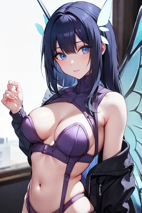 Black hair, blue eyes, sexy, large breasts, beautiful body, bed, Butterfly wings