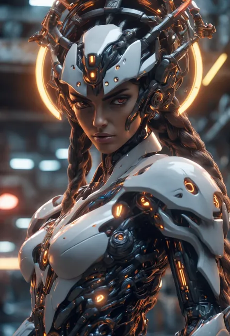 ((Best Quality)), ((Masterpiece)), (Very Detailed: 1.3), 3D, Icaru valkirie-mecha, Beautiful cyberpunk woman wearing crown, with master chef style armor, sci-fi technology, HDR (High Dynamic Range), ray tracing, nvidia RTX, super resolution, unreal 5, subs...