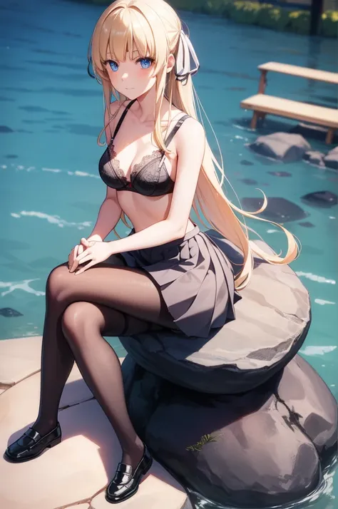 eririspencer, eriri sawamura spencer, blonde hair, blue eyes, blunt bangs, hime cut, long hair, full body, full pose, ((medium BREASTS)), happy face, teeth, Grimace, ((sitting on rock)), ((crossed legs)), BREAK, black skirt, ((black pantyhose)), pleated sk...