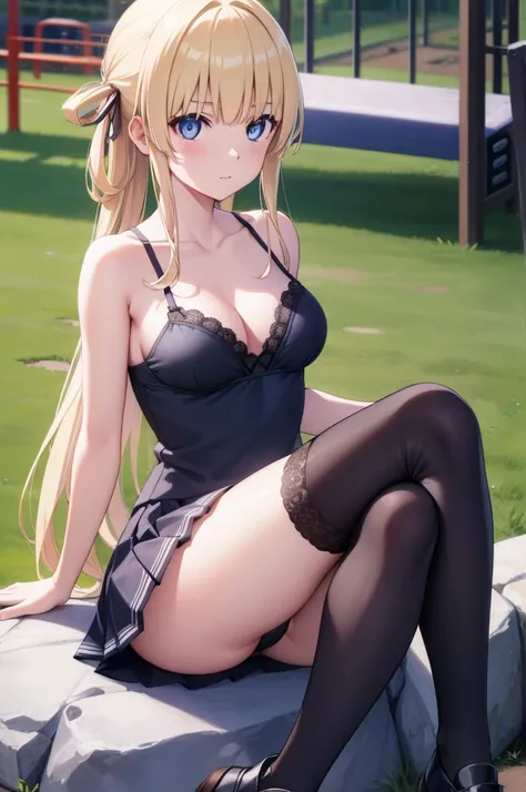 eririspencer, eriri sawamura spencer, blonde hair, blue eyes, blunt bangs, hime cut, long hair, full body, full pose, ((medium BREASTS)), happy face, teeth, Grimace, ((sitting on rock)), ((crossed legs)), BREAK, ((black socks)), ((black lace bra)), skirt, ...