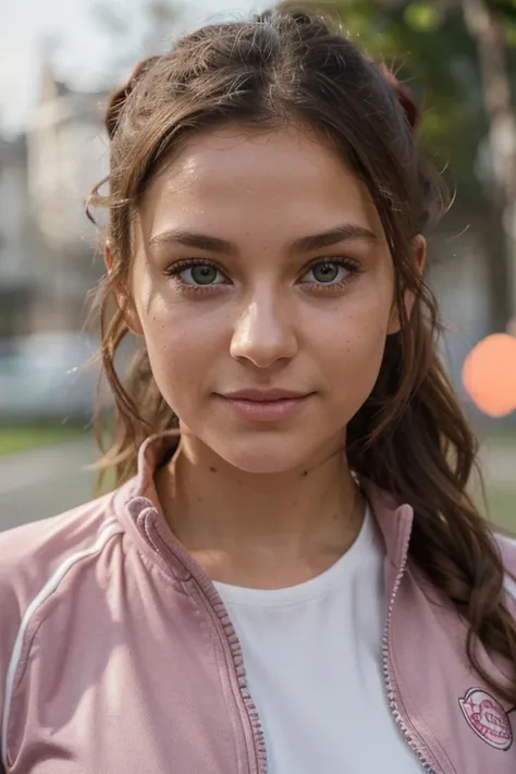 Cute beautiful sexy European light-green-eyed brunette, 22 years old, 

Girl is wearing a pink track suit, track shoes, full subject shown in photo, abstract light background, girl is in focus, background is out of focus, depth of field, sardonic smile, gi...