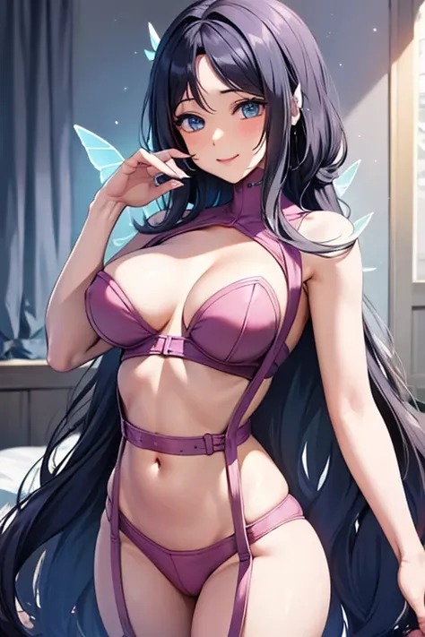 ((Black hair)), blue eyes, sexy, large breasts, beautiful body, bed, Butterfly wings, smile