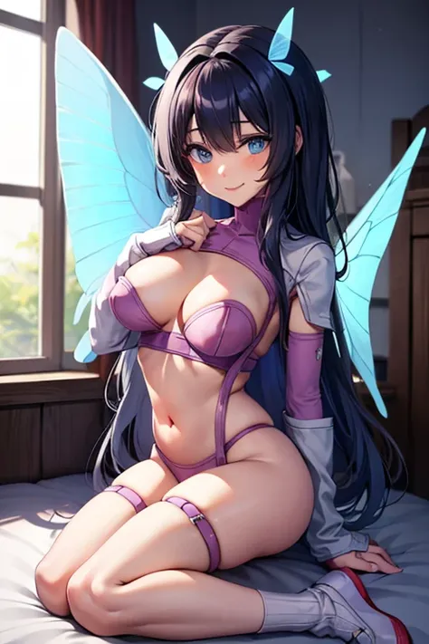 ((Black hair)), blue eyes, sexy, large breasts, beautiful body, bed, Butterfly wings, smile