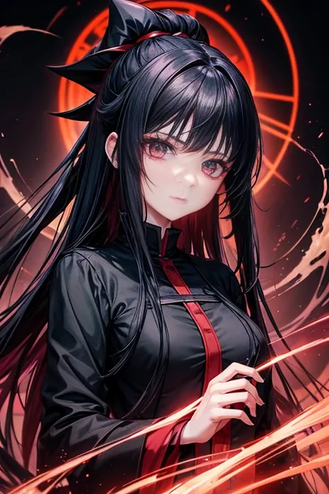 A woman in black stands in front of a red background, Hinata Hinata, 火影忍者middle的日向日向, Xiaoming, 17 year old anime goth girl, Kurohime cuts hair, Gormo Adray Grimdak, Glowing black halo, in anime series《ergo proxy》middle, Inspired by Jinyan, Black-haired ma...