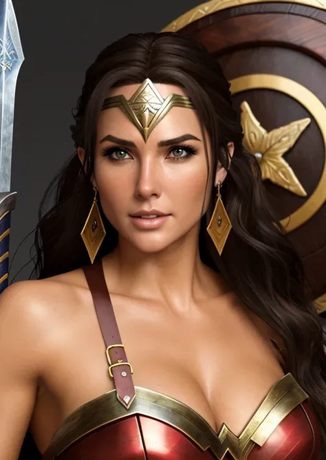 a close up of a woman in a costume holding a sword and shield, beautiful female warrior, warrior woman, a beautiful woman warrior, female warrior, warrior princess, portrait of wonder woman, warrior girl, greek amazon warrior, muscular warrior women, amazo...