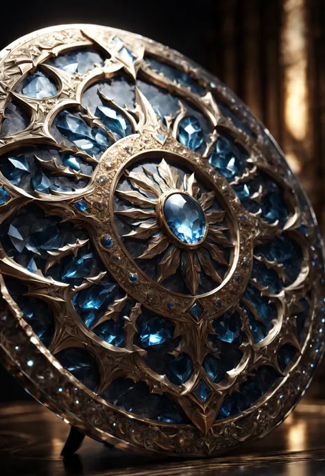 warrior shield rush, shield made of crystal, fantasy, 8k resolution, hyperdetailed, natural lighting, shiny, majestic, intricate patterns, masterpiece, atmospheric, breathtaking, magnificent, stunning, amazing