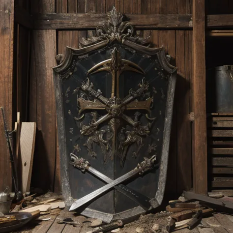 stilllife front view, metal huge battle shield in centre, symmetric composition, ancient old damaged shield with covered decor, ...