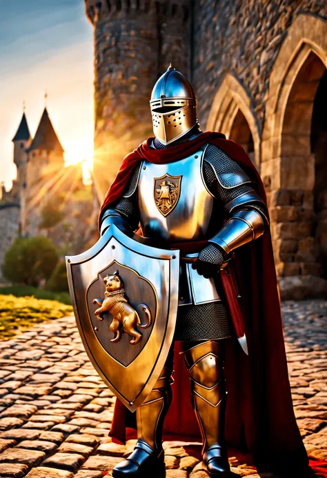 (best quality, 4k, 8k, high resolution, masterpiece: 1.2), ultra-detailed, (realistic, photorealistic, photorealistic: 1.37),a medieval knight with a shield that has a bear engraved in relief, the suns rays illuminate the shield, the environment of the med...