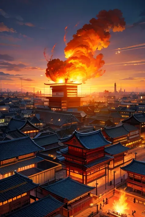 Flames coming out of a building with a clock, an ancient city on fire, Inspired by Kanebo, Japanese visual effects, in feudal japan, Inspired by Koushiro Onchi, author：Tan Yang Kano, Inspired by Dongyang, Selangor