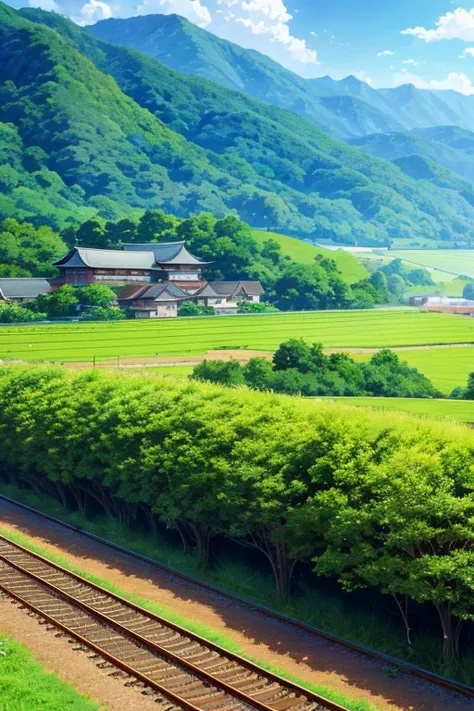 View of train passing through lush green countryside, anime rural scenery, beautiful anime scenery, anime scenerys, Anime beautiful peaceful scene, beautiful anime scenes, anime scenery, anime scene, anime nature, anime background艺术, anime background, anim...