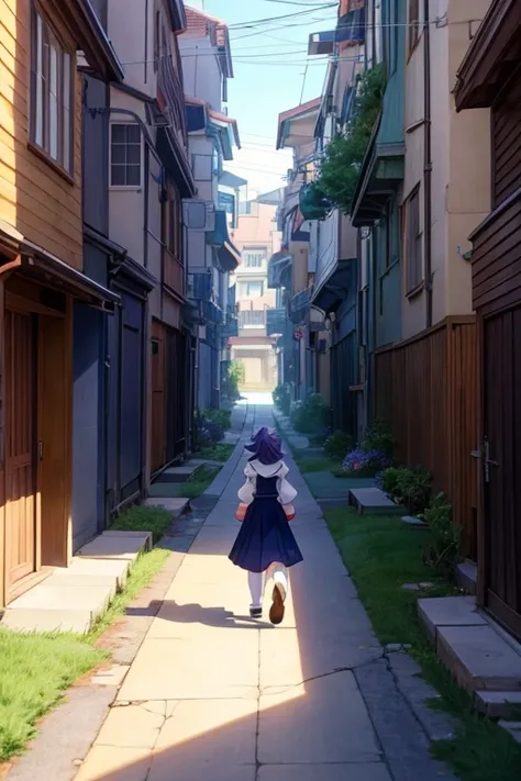 Cartoon character walking down the street in front of a row of houses, Screenshots from animated movies, beautiful anime scenes, anime scene, Animation movie screenshots, anime film still, 京都animation stills, Todays featured anime stills, Anime Landscape C...