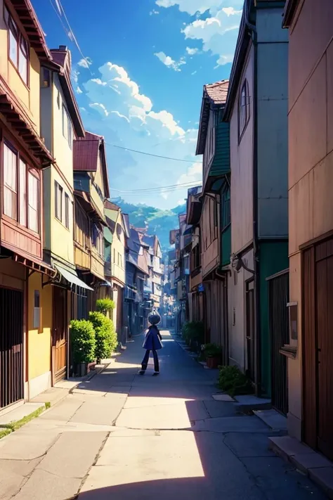 Cartoon character walking down the street in front of a row of houses, Screenshots from animated movies, beautiful anime scenes, anime scene, Animation movie screenshots, anime film still, 京都animation stills, Todays featured anime stills, Anime Landscape C...