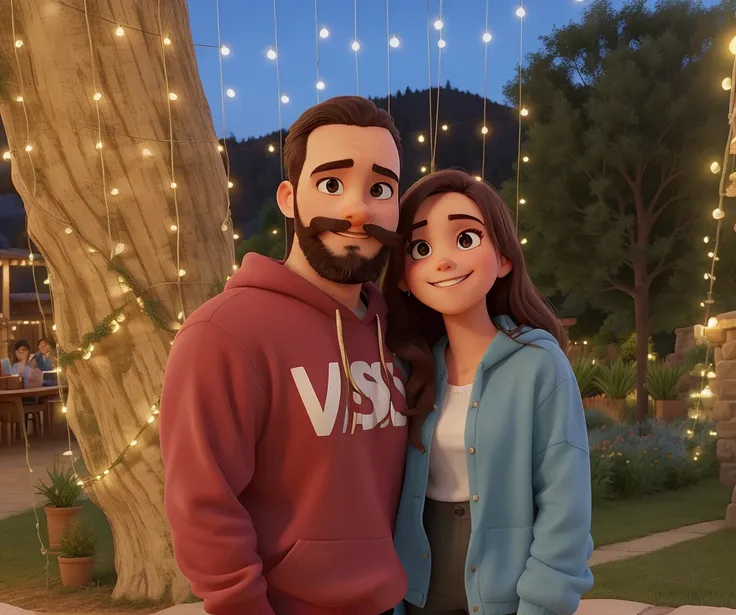 un chico y una chica, en un jardin al anochecer con una cortina de luces de fondo, el chico tiene barba y bigote, la chica es muy guapa y con una amplia sonrisa