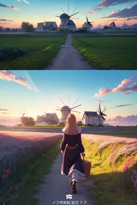 Animation screenshot of woman walking in front of windmill, anime rural scenery, in animated movies, Animation movie screenshots, Screenshots from animated movies, 今日精选anime still frame, anime still frame, standing near a castle, Screenshots from the 2012 ...