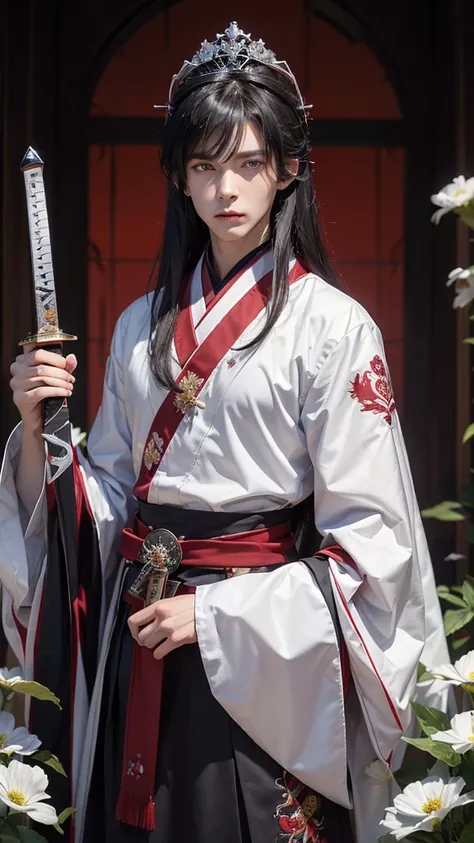 (masterpiece, best quality:1.3), (ultra-detailed:1.3), 1boy , anime , solo ,white long hair , 20 year old, cute, tall , handsome,  sharp jawline , traditional Japanese clothes black , small smile , flowers in right hand , sword on waist , love in eyes , cr...