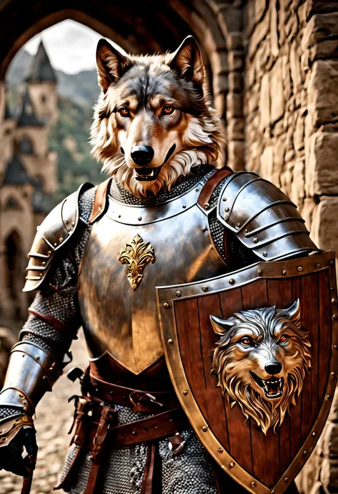 (best quality, 4k, 8k, high resolution, masterpiece: 1.2), ultra detailed, (realistic, photorealistic, photorealistic: 1.37), medieval squire, (shield with engraved wolf: 1.32), authentic medieval knight, exquisite armor, expression fearless, shining sword...