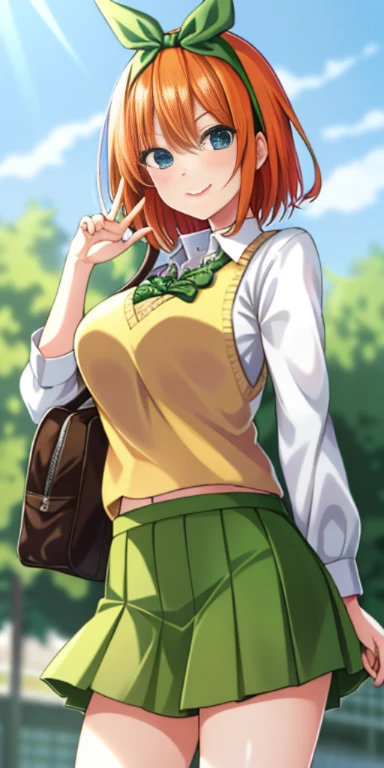 2d, masterpiece, best quality, anime, highly detailed, 1girl, solo, cowboy shot, nakano yotsuba, orange hair, hair bow, green bowtie, yellow sweater, collared shirt, green skirt, miniskirt, medium breasts, standing, school, outdoors, smile