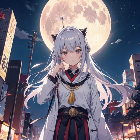 anime, huge moon, night city, gray hair, shortcut, Priestess Girl,Katana, 京都animeーション スタイル, Witstudio style, Production I.G style, CloverWorks style、Ikazuchi