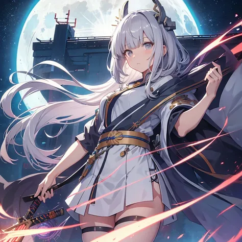 anime, huge moon, electronic circuitry, gray hair(bangs bangs), shortcut, (Priestess Girl),Katana, 京都animeーション スタイル, Witstudio style, Production I.G style, CloverWorks style、Ikazuchi