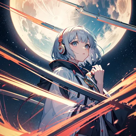 Anime, Giant Moon, Electronic Circuit, Gray Hair (Bangs), Short Cut, (Miko Girl),Katana, Kyoto Animation Style, Witstudio Style, Production I.G Style, CloverWorks Style, Ikazuchi