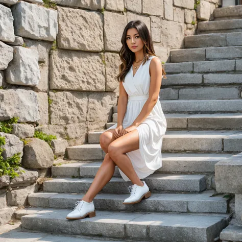 A woman wearing a white dress sits on stone steps.