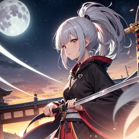 anime, huge moon, musical notation on staff, gray hair(bangs bangs), shortcut, (shinobi girl),Katana, 京都animeーション スタイル, Witstudio style, Production I.G style, CloverWorks style、Ikazuchi