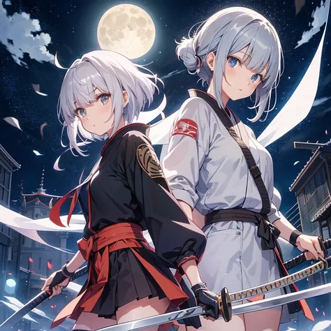 anime, huge moon, musical notation on staff, gray hair(bangs bangs), shortcut, (shinobi girl),Katana, 京都animeーション スタイル, Witstudio style, Production I.G style, CloverWorks style、Ikazuchi