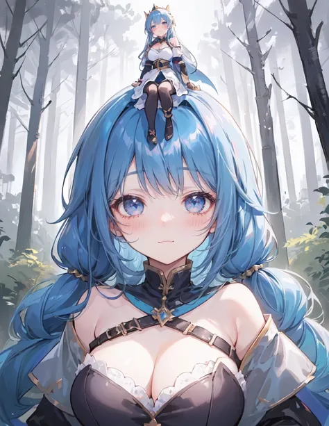 (2girls:1.5), (cleavage: 1.1), (girl sitting on the head of a giantess: 1.4), (commoner clothes: 1.1), (adventurer girl: 1.2), (gambeson), armor, (forest: 1.5), ( (giantess: 1.2), (giantess art: 1.5), (anime drawing:1.1), (simple bold lines: 1.1), (anime:1...