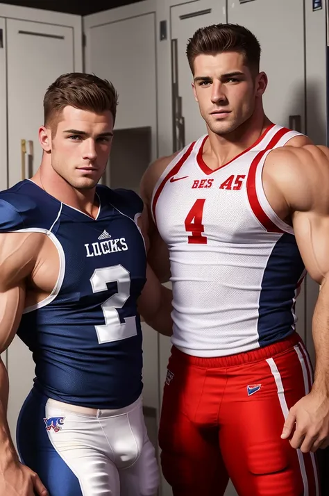 2 men, photorealistic, full view. Muscular, Caucasian football jock bodybuilder, in football uniform, is holding muscular, Caucasian Football jock bodybuilder in football uniform, with cum on his face and chest, standing in a dark locker room, with huge ha...