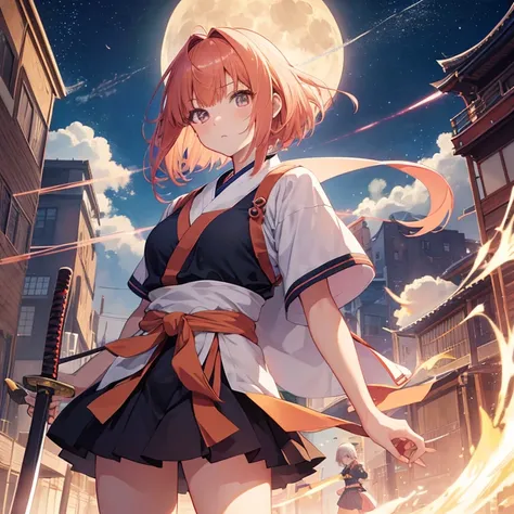 anime, huge moon, musical notation on staff, Peach-colored hair(bangs bangs), shortcut, (shinobi girl),Katana, 京都animeーション スタイル, Witstudio style, Production I.G style, CloverWorks style、Ikazuchi