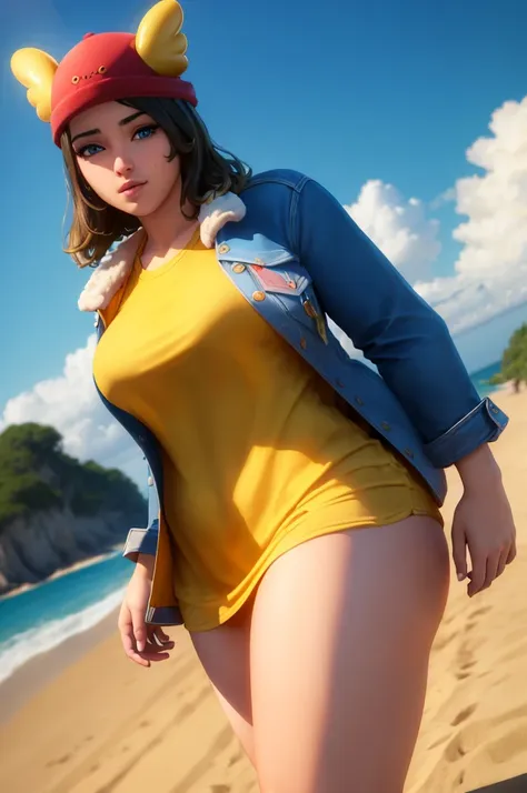 (4k, best quality, masterpiece:1.2), (realistic, photo-realistic:1.37),skye , on a beach, , , yellow long shirt, blue eyes , thi...