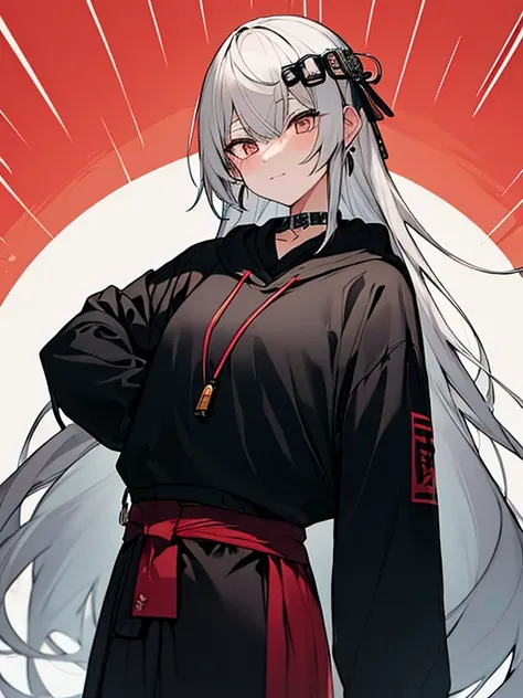 ((8k Sharp, Background Aesthetic Kanji with colour patterns, smugly, human)), A girl long a silver Haired falls through her waist and Her eyes Golden vertical pupil, as she wearing a hoodie oversize with Kanji Japanese design patterns,her accessories has a...