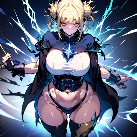 great quality, (1 women), very focused face, himiko toga, diamond face, perfect eyes, (standing), (wearing mage robe), mage robe, magic, (casting), blonde pony tail, strong shadows, full body, detailed face, (casting spell), blue flashes of light, blue spa...