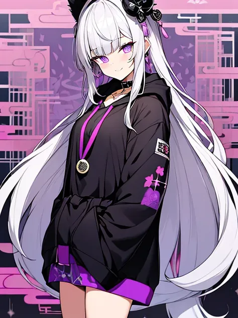 ((8k Sharp, Background Aesthetic Kanji with color purple and white patterns, smugly)), A girl long a silver Haired falls through her waist and Her eyes Golden vertical pupil, as she wearing a hoodie oversize with Kanji Japanese design patterns,her accessor...