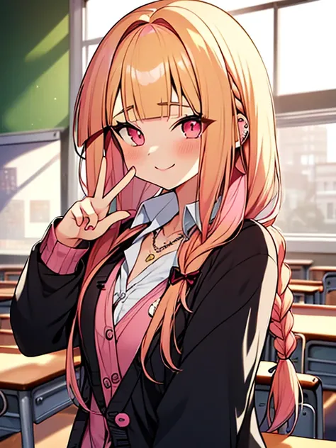 (((anime))), ((animated)), (GAL), long hair, (braid hair:1.3), (blunt bangs:1.2),two-tone hair, blonde hair, (pink hair), round face, red eyes, (drooping eyes), (((tareme))),Pink Lip,piercing,necklace,[black skin], light smile, ((((cute)))), beautiful, 1 g...