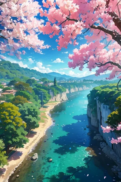 PAISAJE LLENO DE ARBOLES, AL FONDO SE VE EL MAR, ENM EL AIRE VAN VOLANDO PETALOS DE FLORES Y HOJAS