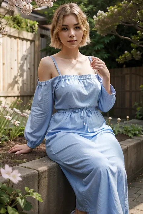 girl in the garden with sakura, blonde with short hair, slightly plump, long dress with long sleeves, blue