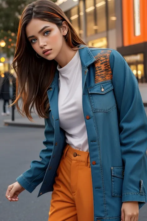 (RAW photo, best quality), (realistic, photo-realistic:1.30),girly,solo,1girl,detailed eyes,hair decoration,trendy expression,jacket,top,pants,(style:1.5),outdoors,mall,clothes,detailed background,(blue and orange tone impression:1.3), soft lighting,gorgeo...