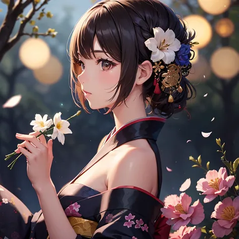 One girl, solo, bust, gaze averted, iridescent hair, hair ornament, kimono, short hair, brown eyes, from side, upper body, jewelry, flowers, flowers in hair, celebrating coming of age, sparkles, 8K,