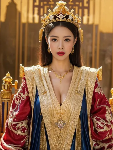 Best quality, masterpiece, detail, intricate detail, realistic cinematic lighting, (fantasy art: 1.6), (seiza: 1.1), (front: 1.2), upright, royal, majestic, queen, (huge and golden throne: 1.4), crown, close-up front, solemn, throne, upright posture, serio...