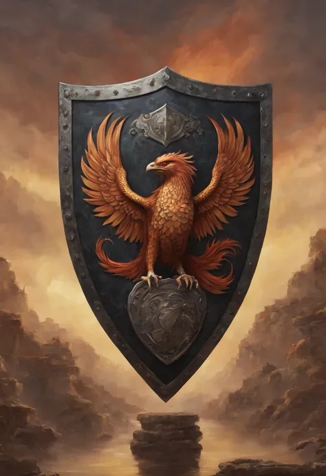 "(best quality,4k,highres,masterpiece:1.2),ultra-detailed,(realistic,photorealistic,photo-realistic:1.37),medium:oil painting", "battle (Shield:1.5) with coat of arms", "intricate design",(fierce,ferocious) phoenix bird with flaming feathers, (sinister,men...