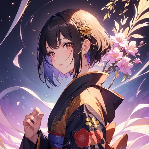 One girl, solo, bust, gaze averted, iridescent hair, hair ornament, kimono, short hair, brown eyes, from side, upper body, jewelry, flowers, flowers in hair, celebrating coming of age, sparkles, 8K, dynamic pose