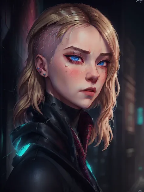 ((masterpiece)), (cinematic lighting), a close-up, beautiful stylized illustration of gwen_stacy, with a sidecut, asymetrical blonde hair, with incredibly detailed blue eyes and a beautiful detailed face, with parted lips, the side of her head shaved, bare...